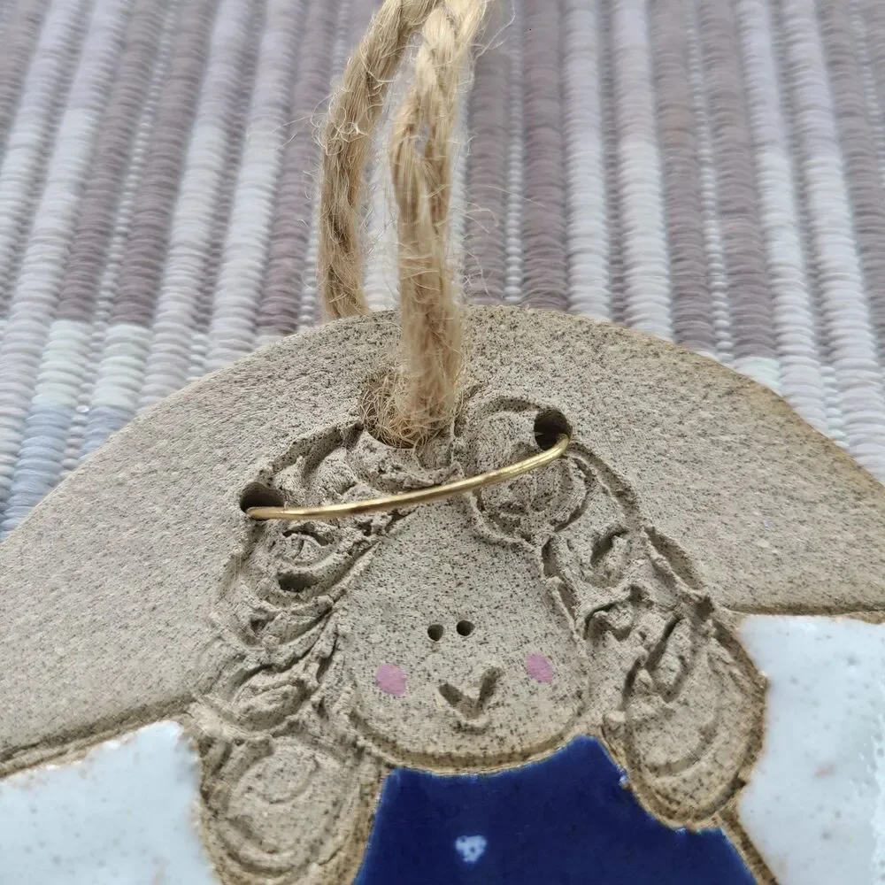 Vintage Handmade Sandcast Clay Enamel Angel Ornament Round Disc Wire Halo Wings